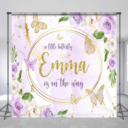 Lofaris Personalized A Little Butterfly is on the Way Backdrop Purple Floral with Gold Custom Name Girl Baby Shower