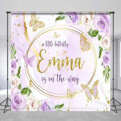 Lofaris Personalized A Little Butterfly is on the Way Backdrop Purple Floral with Gold Custom Name Girl Baby Shower