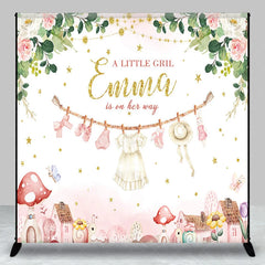 Lofaris Personalized A Little Girl is on Her Way Backdrop Pink Floral Clothesline Custom Name Baby Shower Decor