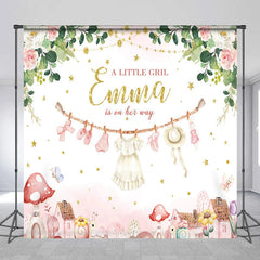Lofaris Personalized A Little Girl is on Her Way Backdrop Pink Floral Clothesline Custom Name Baby Shower Decor