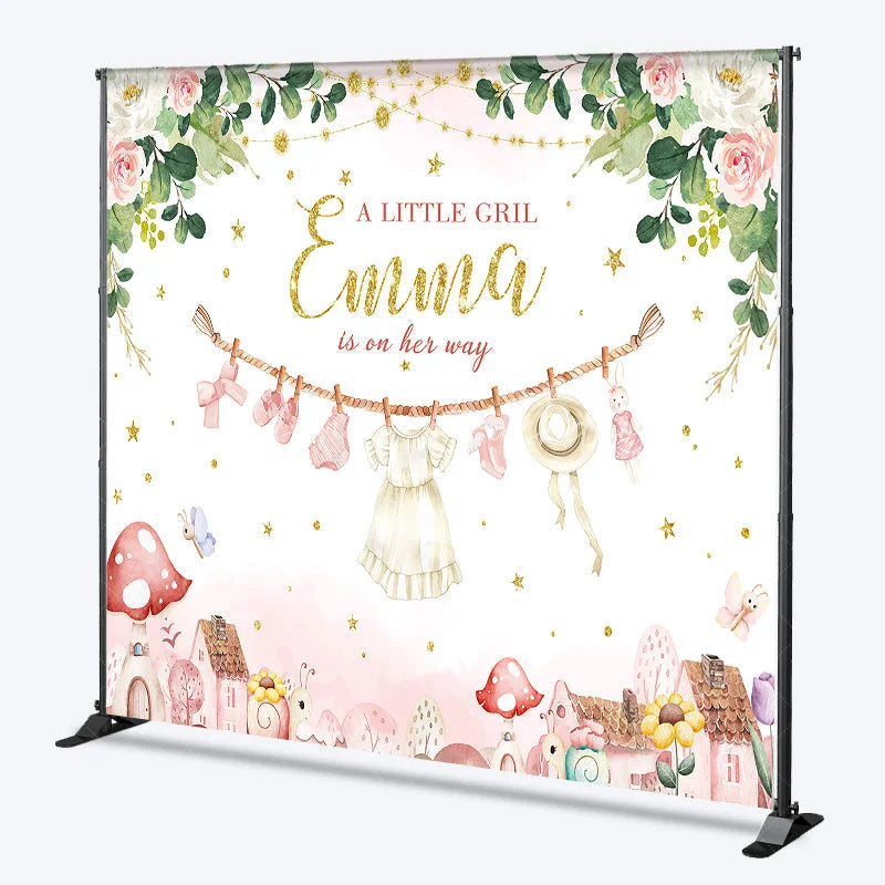 Lofaris Personalized A Little Girl is on Her Way Backdrop Pink Floral Clothesline Custom Name Baby Shower Decor
