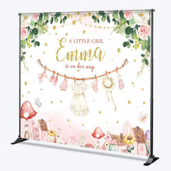 Lofaris Personalized A Little Girl is on Her Way Backdrop Pink Floral Clothesline Custom Name Baby Shower Decor