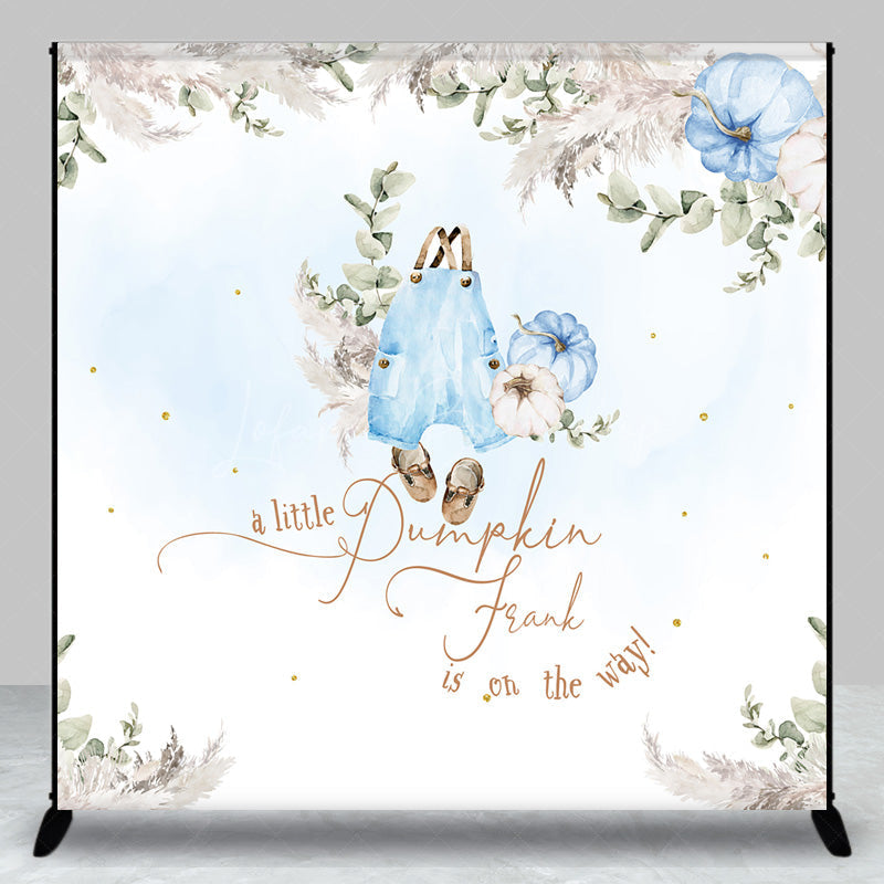 Lofaris Personalized A Little Pumpkin Baby Shower Backdrop Boho Pampas Grass and Blue Overalls Theme Custom Name Decor for Boy