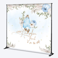 Lofaris Personalized A Little Pumpkin Baby Shower Backdrop Boho Pampas Grass and Blue Overalls Theme Custom Name Decor for Boy