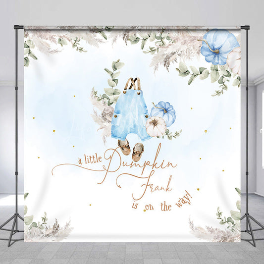 Lofaris Personalized A Little Pumpkin Baby Shower Backdrop Boho Pampas Grass and Blue Overalls Theme Custom Name Decor for Boy