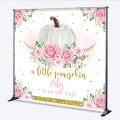 Lofaris Personalized A Little Pumpkin is on the Way Backdrop Pink Floral and Gold Custom Name Girl Baby Shower Decor