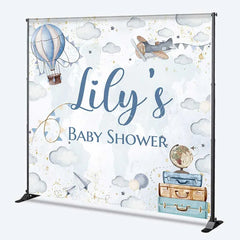 Lofaris Personalized Adventure Awaits Baby Shower Backdrop Hot Air Balloon and Airplane World Map Party Decoration