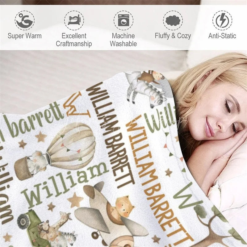 Lofaris Personalized Baby Blanket for Boy Custom Safari Animals Travel Hot Air Balloon Plane Nursery Decor