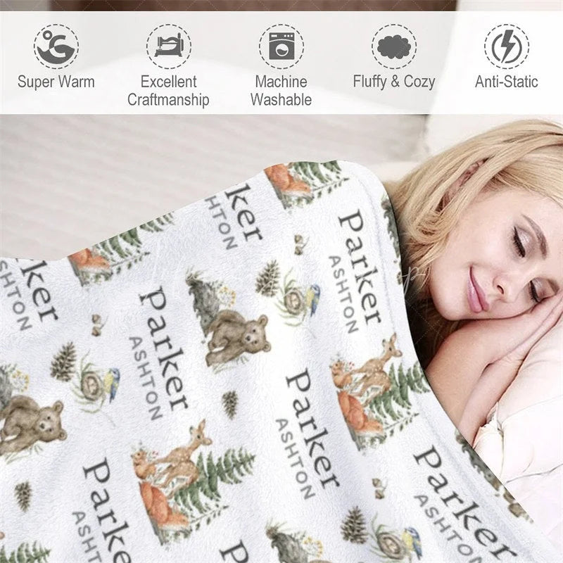 Lofaris Personalized Baby Blanket for Boy Custom Woodland Animals Deer Bear Forest Theme Nursery Decor Swaddle