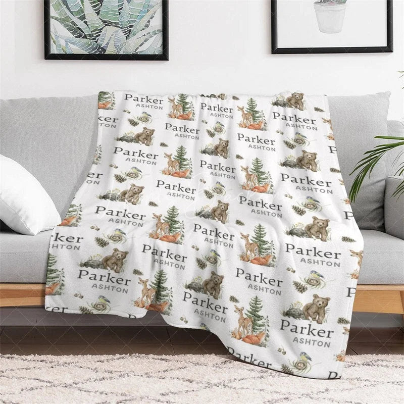 Lofaris Personalized Baby Blanket for Boy Custom Woodland Animals Deer Bear Forest Theme Nursery Decor Swaddle