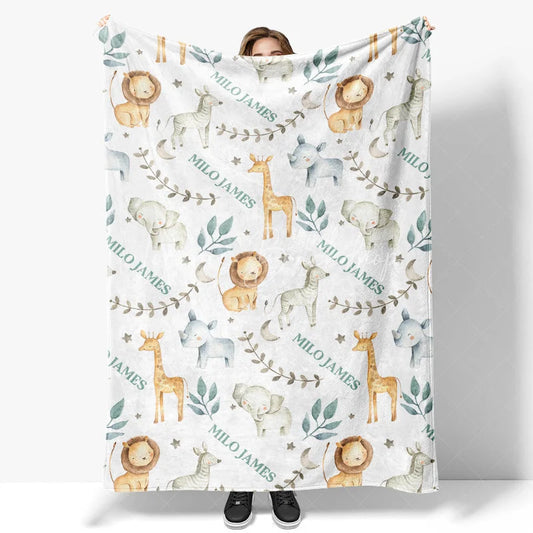 Lofaris Personalized Baby Blanket Safari Animals Custom Name Jungle Lion Giraffe Pattern Throw Boy Shower Gift
