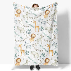 Lofaris Personalized Baby Blanket Safari Animals Custom Name Jungle Lion Giraffe Pattern Throw Boy Shower Gift