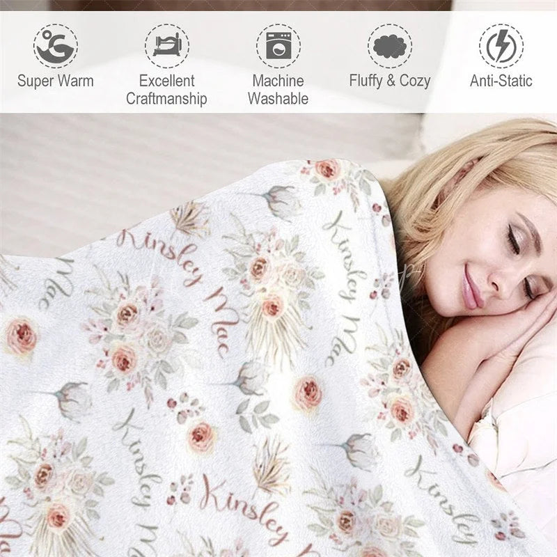 Lofaris Personalized Baby Blanket with Name Boho Pink Floral Rose Pattern Swaddle Custom Girl Nursery Bedding Gift