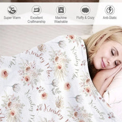 Lofaris Personalized Baby Blanket with Name Boho Pink Floral Rose Pattern Swaddle Custom Girl Nursery Bedding Gift
