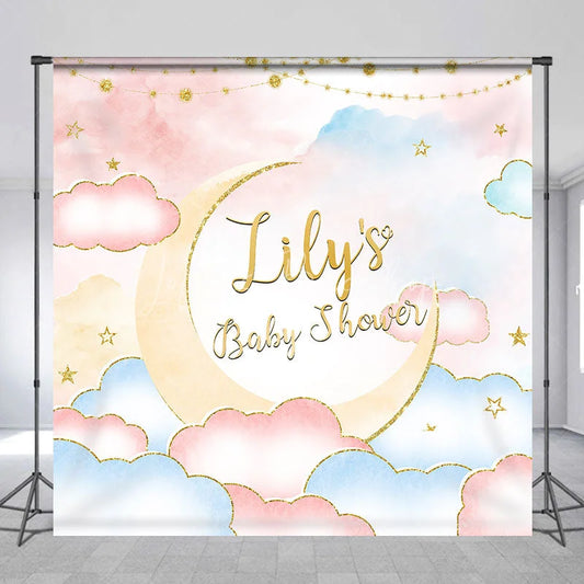 Lofaris Personalized Baby Shower Custom Backdrop Dreamy Pastel Pink and Blue with Gold Glitter Moon Stars