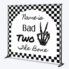 Lofaris Personalized Bad Two the Bone 2nd Birthday Backdrop Skeleton Hand and Checkered Pattern Background Custom Name Party Decor