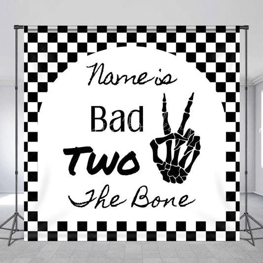 Lofaris Personalized Bad Two the Bone 2nd Birthday Backdrop Skeleton Hand and Checkered Pattern Background Custom Name Party Decor