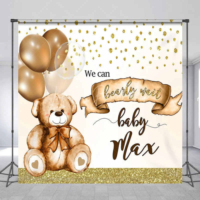 Lofaris Personalized Bearly Wait Baby Shower Backdrop Cute Teddy Bear and Gold Balloons Background Custom Name Nursery Decor