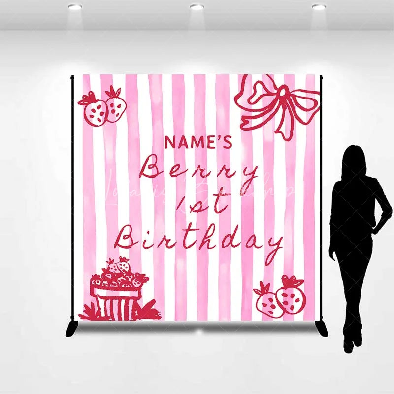 Lofaris Personalized Berry 1st Birthday Backdrop Pink Strawberry and Stripes Sweet One Party Decoration