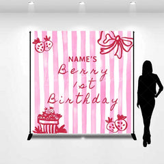 Lofaris Personalized Berry 1st Birthday Backdrop Pink Strawberry and Stripes Sweet One Party Decoration