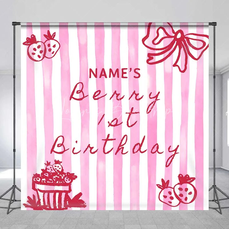 Lofaris Personalized Berry 1st Birthday Backdrop Pink Strawberry and Stripes Sweet One Party Decoration