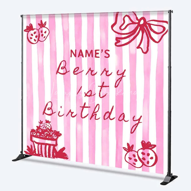Lofaris Personalized Berry 1st Birthday Backdrop Pink Strawberry and Stripes Sweet One Party Decoration