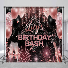 Lofaris Personalized Birthday Bash Backdrop Rose Gold Champagne and Balloons Background Custom Name Glamour Party Decor