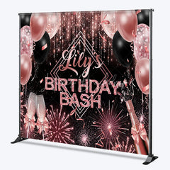 Lofaris Personalized Birthday Bash Backdrop Rose Gold Champagne and Balloons Background Custom Name Glamour Party Decor