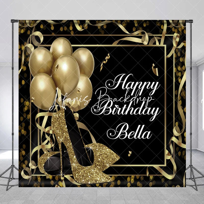 Lofaris Personalized Black and Gold Glitter High Heels Birthday Custom Backdrop Elegant Party Decor with Balloons