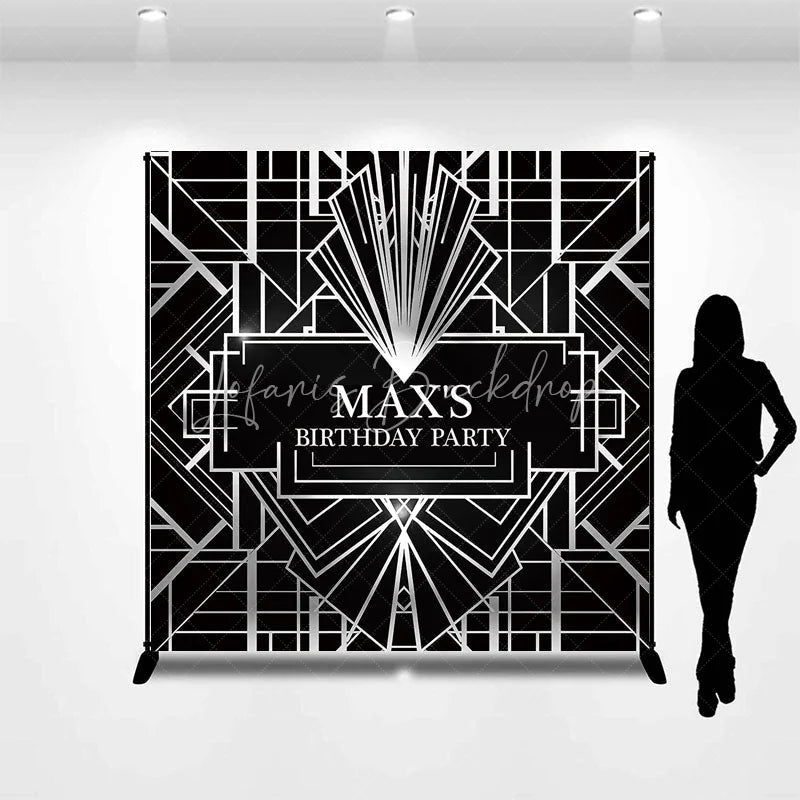 Lofaris Personalized Black and Silver Art Deco Custom Backdrop Geometric Gatsby Style Birthday Party Decor