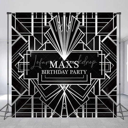 Lofaris Personalized Black and Silver Art Deco Custom Backdrop Geometric Gatsby Style Birthday Party Decor