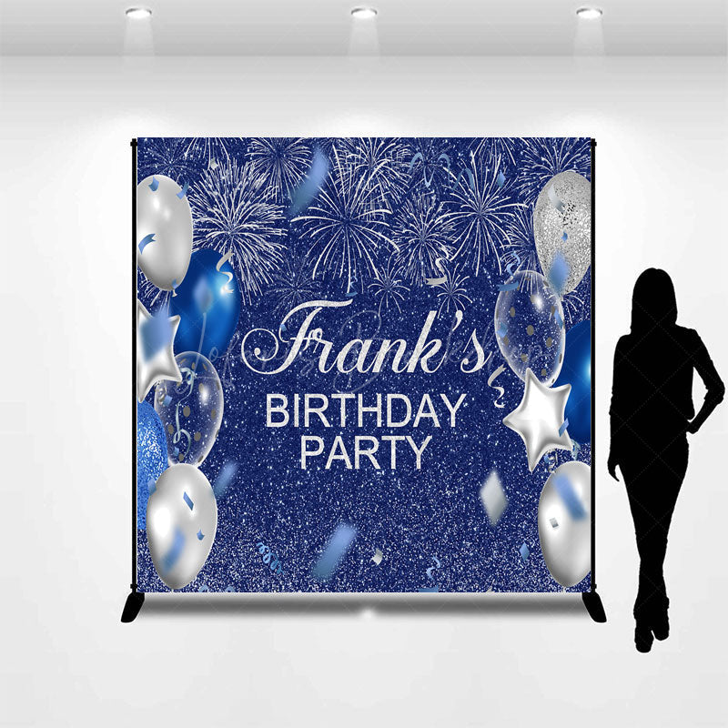 Lofaris Personalized Blue and Silver Birthday Backdrop Glitter Balloons Fireworks Custom Name Party Photo Booth