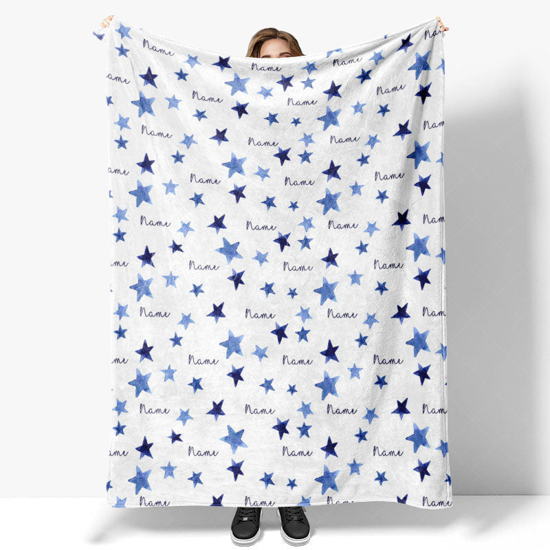 Lofaris Personalized Blue Starry Night Blanket with Custom Name Watercolor Stars for Baby Boy Nursery Decor Gift