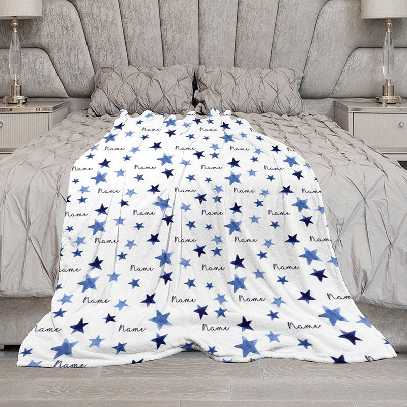 Lofaris Personalized Blue Starry Night Blanket with Custom Name Watercolor Stars for Baby Boy Nursery Decor Gift