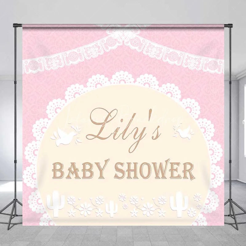 Lofaris Personalized Boho Pink Lace Baby Shower Backdrop Elegant Doves and Cactus Floral Party Decoration