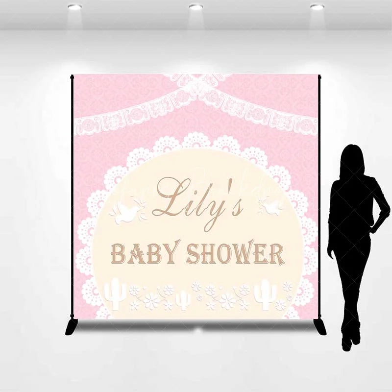 Lofaris Personalized Boho Pink Lace Baby Shower Backdrop Elegant Doves and Cactus Floral Party Decoration
