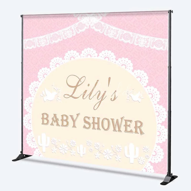 Lofaris Personalized Boho Pink Lace Baby Shower Backdrop Elegant Doves and Cactus Floral Party Decoration