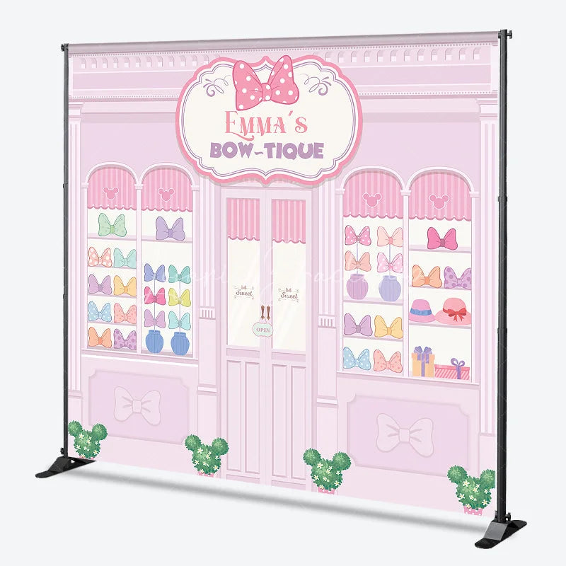 Lofaris Personalized Bow-Tique Birthday Backdrop Pink Mouse Ears and Bows Shop Custom Name Cartoon Party Photo Booth