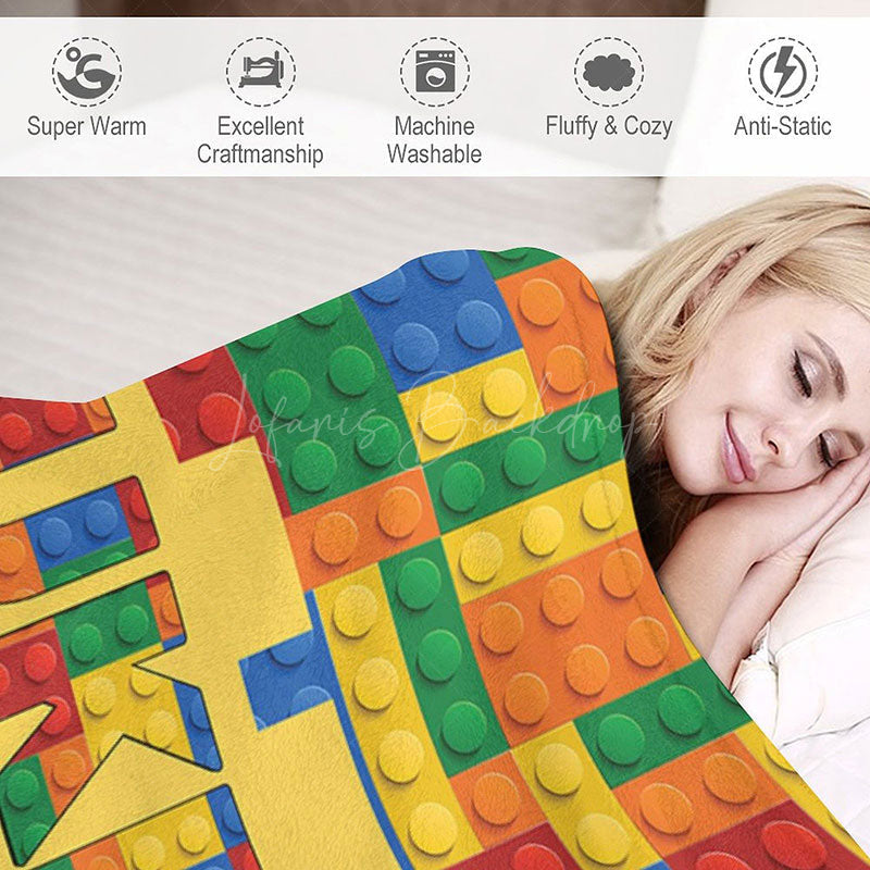 Lofaris Personalized Building Blocks Blanket with Custom Name Colorful Bricks for Boys Kids Room Playroom Decor