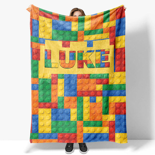 Lofaris Personalized Building Blocks Blanket with Custom Name Colorful Bricks for Boys Kids Room Playroom Decor