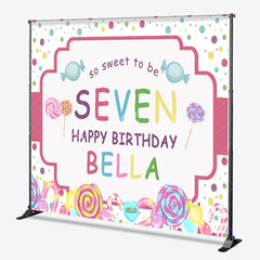 Lofaris Personalized Candy Land 7th Birthday Custom Backdrop Sweet Lollipops and Polka Dots Party Decor