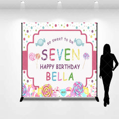 Lofaris Personalized Candy Land 7th Birthday Custom Backdrop Sweet Lollipops and Polka Dots Party Decor