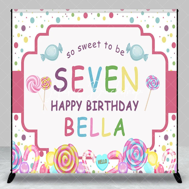 Lofaris Personalized Candy Land 7th Birthday Custom Backdrop Sweet Lollipops and Polka Dots Party Decor
