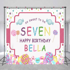 Lofaris Personalized Candy Land 7th Birthday Custom Backdrop Sweet Lollipops and Polka Dots Party Decor