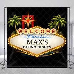 Lofaris Personalized Casino Nights Custom Backdrop Welcome Sign with Palm Trees and Starburst for Party Decor