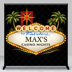 Lofaris Personalized Casino Nights Custom Backdrop Welcome Sign with Palm Trees and Starburst for Party Decor