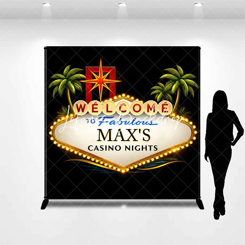 Lofaris Personalized Casino Nights Custom Backdrop Welcome Sign with Palm Trees and Starburst for Party Decor