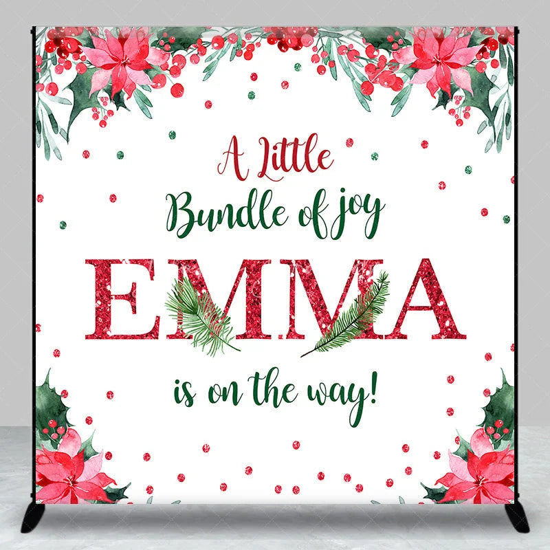 Lofaris Personalized Christmas Baby Shower Backdrop A Little Bundle of Joy Poinsettia Holly Glitter Decor