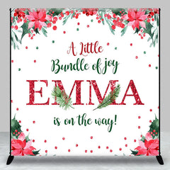 Lofaris Personalized Christmas Baby Shower Backdrop A Little Bundle of Joy Poinsettia Holly Glitter Decor