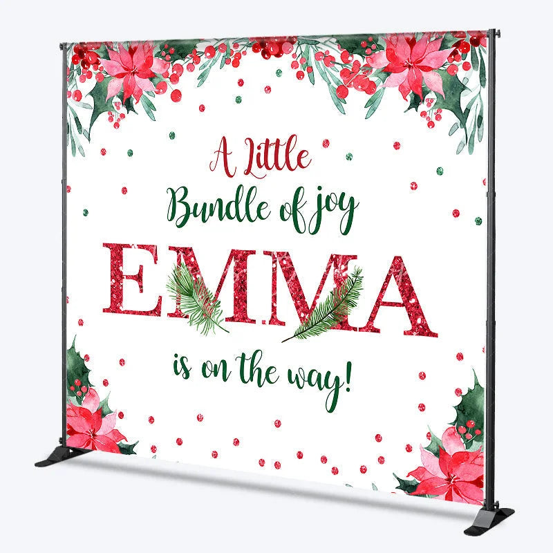 Lofaris Personalized Christmas Baby Shower Backdrop A Little Bundle of Joy Poinsettia Holly Glitter Decor